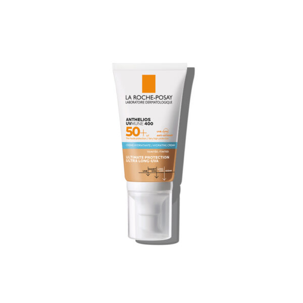 Creme hidratante com cor SPF 50 Anthelios para pele sensível.